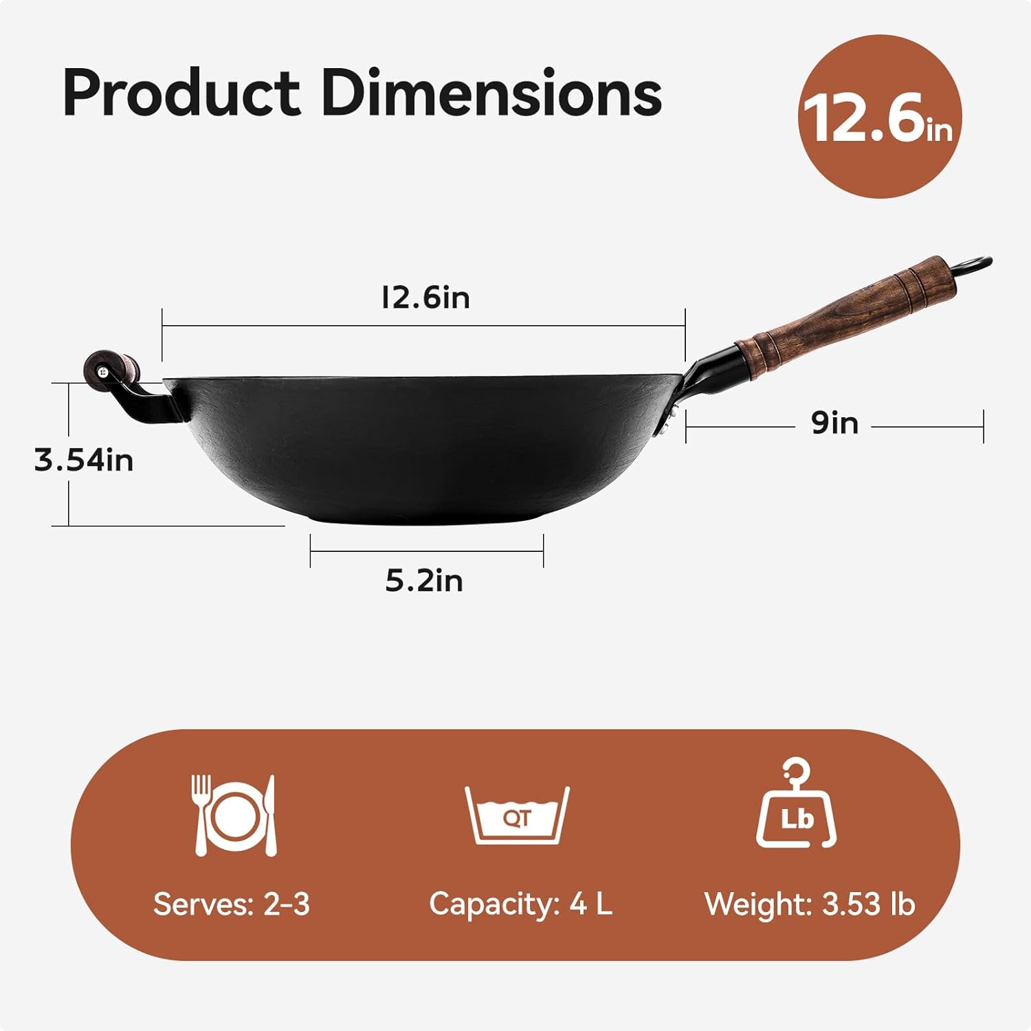 WANGYUANJI Cast Iron Wok Pan with Lid (12.6 Inch) - Handcrafted Flat Bottom Chinese Stir Fry Skillet for Induction, Electric & Gas - Walnut Wood Handle, No Coating - Image 5