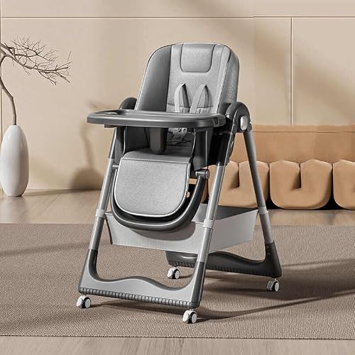 Baby High Chair with Wheels, Grey, Adjustable Height, Foldable Design, Removable Tray