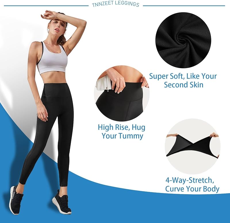 High Waisted Leggings for Women - No See Through Tummy Control Cycling Workout Yoga Pants with Pockets Reg & Plus Black image 3