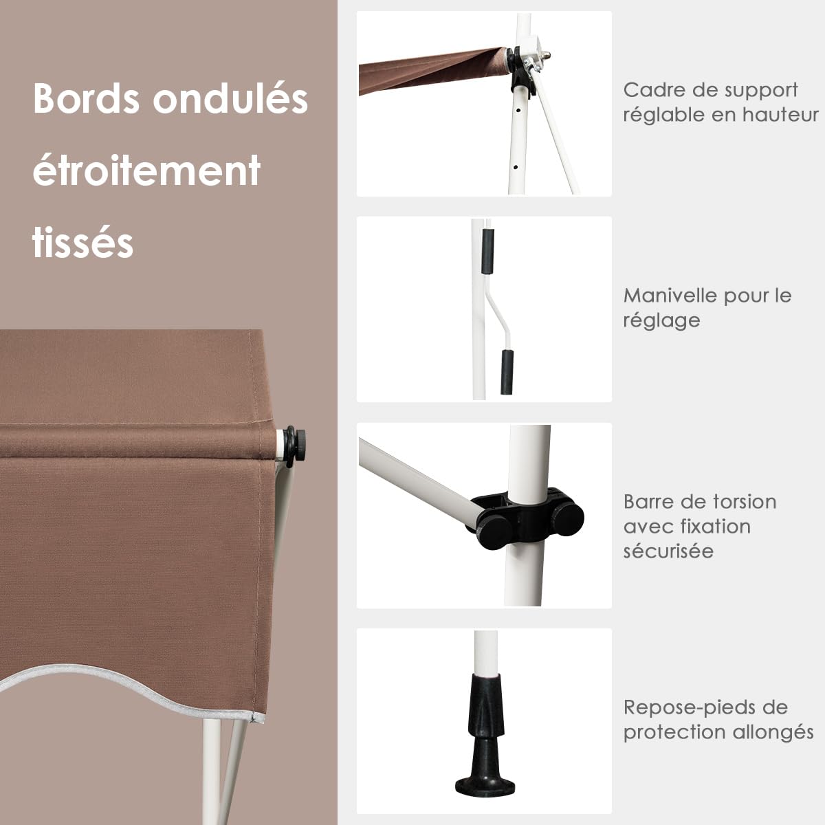 RELAX4LIFE Store Banne Manuel sans Perçage, Auvent Balcon Rétractable avec Manivelle, Tissu Oxford Anti-UV Imperméable, Hauteur Réglable 2-3 M, Store Banne pour Porte Fenêtre (Marron,400 X 125 cm)