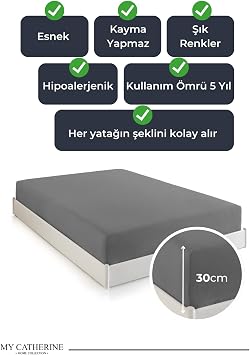 Lastikli & Hipoalerjenik Çarşaf |%100 Pamuk Penye Kumaş | Çift Kişilik 180x200 cm - Antrasit, LUXCARSAF