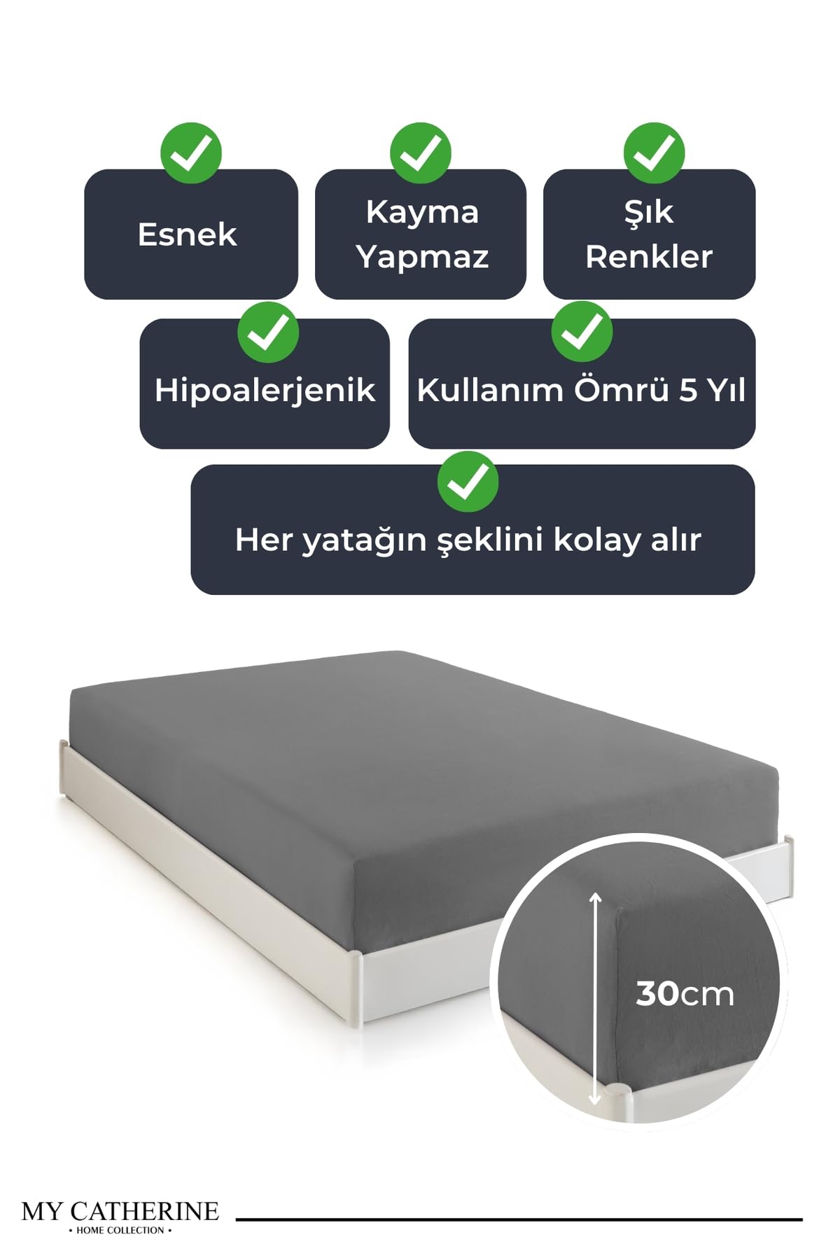 My Catherine Lastikli & Hipoalerjenik Çarşaf%100 Pamuk Penye Kumaş 120x200 Antrasit, LUXCARSAF
