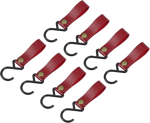 uxcell Ganchos en S de cuero, 8 ganchos para campamento, multiusos, en forma de S, para picnic al aire libre, ollas, sartenes, utensilios, color rojo