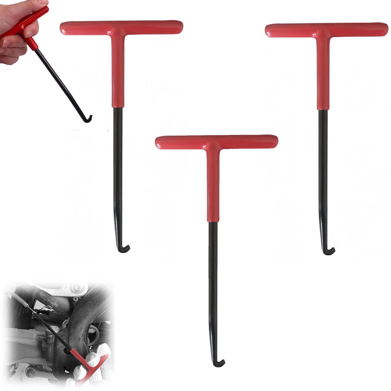 3 Pezzi Tira Molle Gancio a T per Trampolino Moto Scooter Decespugliatore, Strumento per Smontaggio Molle in Acciaio Alta Resistenza, Manico Antiscivolo Ergonomico Portatile