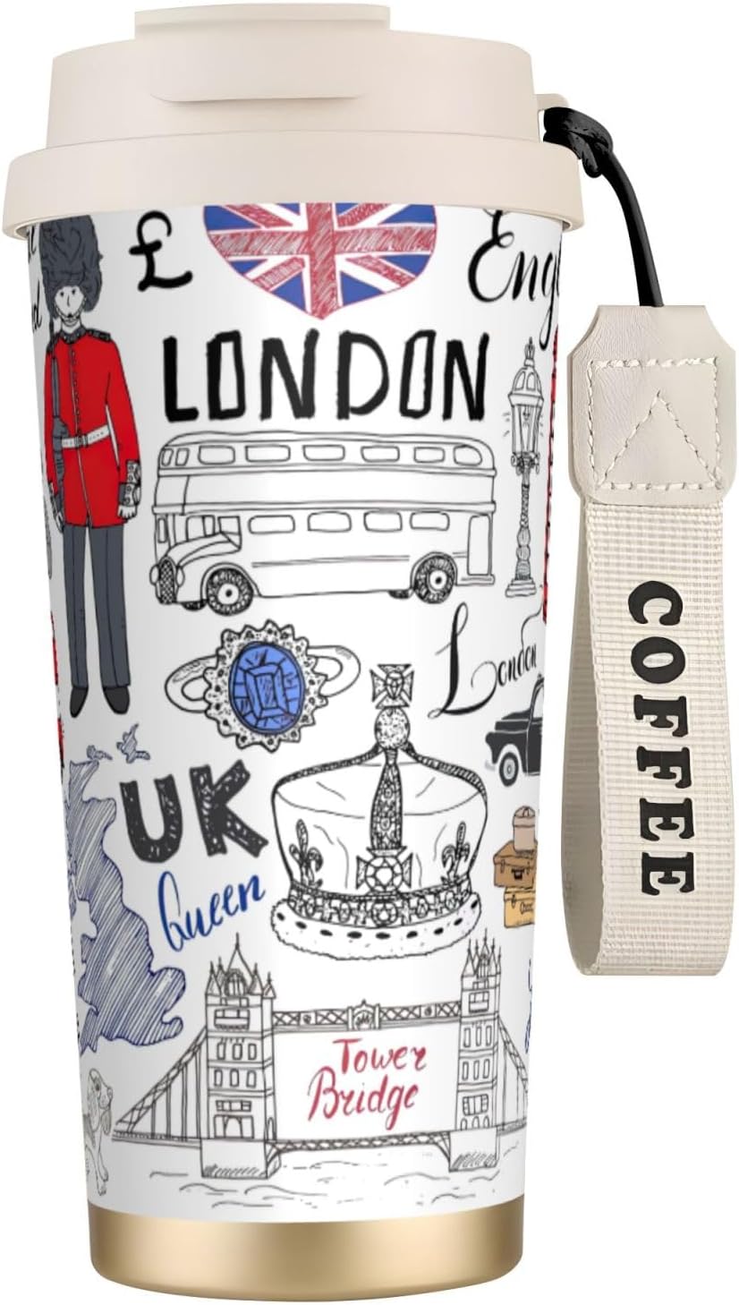 I Love London Print Leakproof Insulated Coffee Mug,Stainless Steel Dual Drink Travel Tumbler,17 OZ