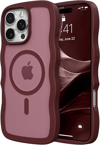 ZTOFERA for iPhone 16 Pro Max Phone Case Compatible with MagSafe, Curly Wave Frame & Matte Translucent Hard Back, Soft Silicone Bumper Shockproof Protective Magnetic Phone Cover-Wine Red