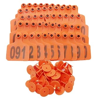 Cattle Ear Tags Large Plastic Livestock Ear Tag Marker for Pig Goat Cattle Cow Animal Identification Ear Tags, Numbered 001-100 Orange