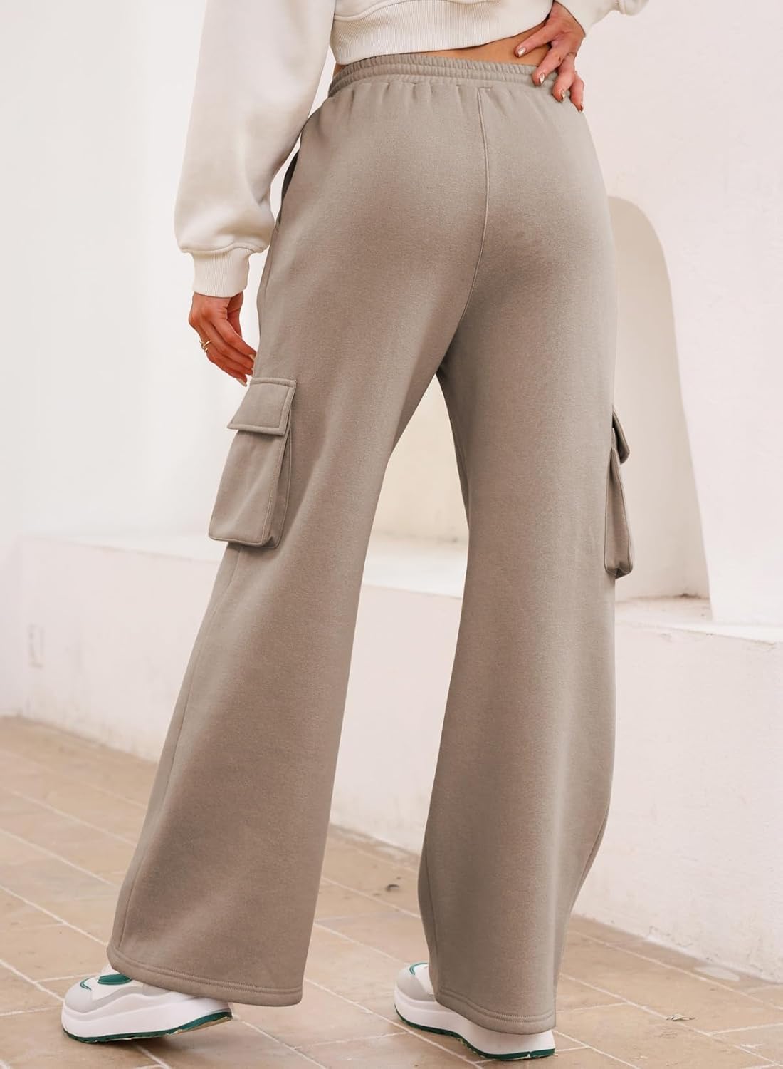 Aleumdr Women's Drawstring Cargo Pants Fall Trendy Casual Wide Leg Cotton Joggers Sweatpants Sports Lounge Pants with Pockets Simply Taupe Small - Image 2