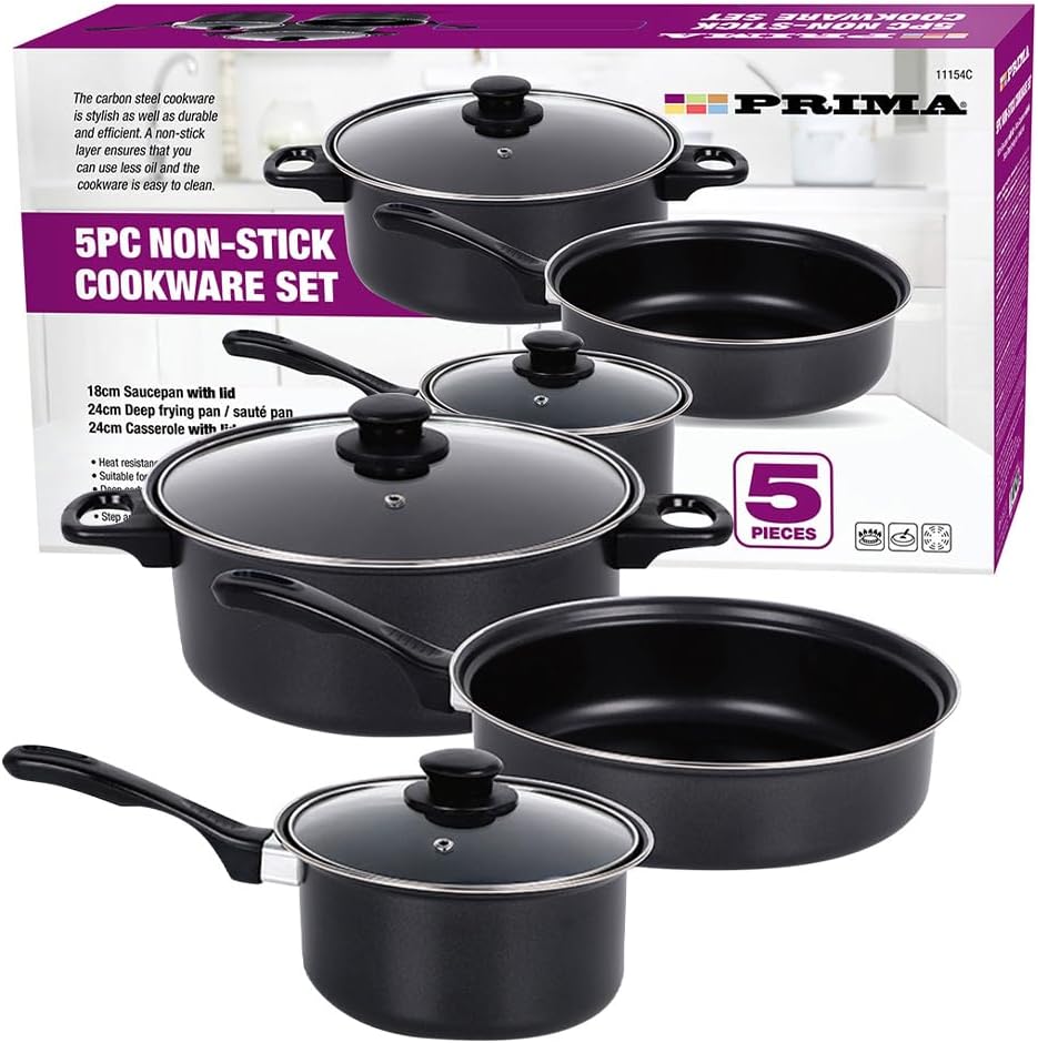 5 Piece Cookware Set with Lids & Bakelite Handle - Carbon Steel Non Stick Cooking Pan Saucepan Set Pot and Frying Pans | for Gas, Electric, Halogen and Solid Hotplates | Tempered Glass Lid - Black