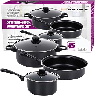 5 Piece Cookware Set with Lids & Bakelite Handle - Carbon Steel Non Stick Cooking Pan Saucepan Set Pot and Frying Pans | for Gas, Electric, Halogen and Solid Hotplates | Tempered Glass Lid - Black