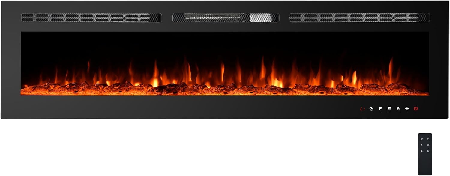 72inchElectric Fireplace, Wall Mounted or Recessed, Ultra-Slim Heater with 12 Flame Colors, Fireplace Insert, WiFi & Remote Control, Quiet for Home