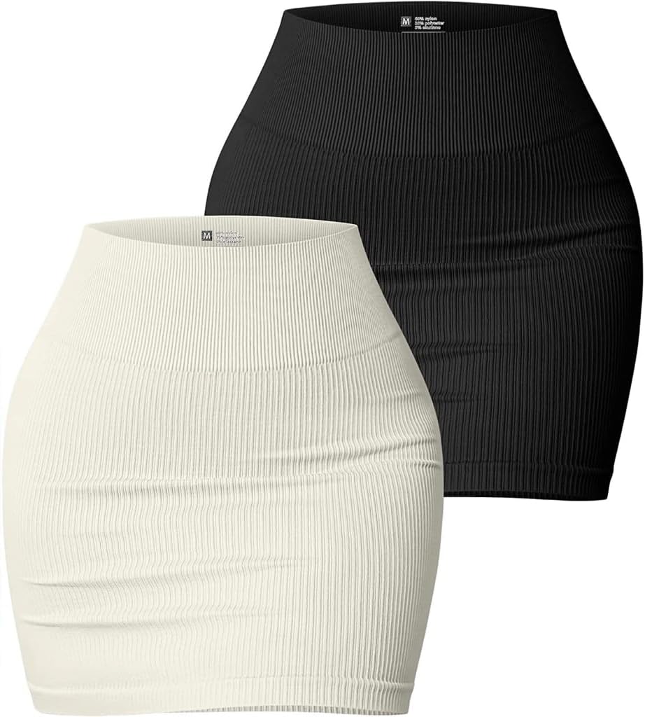 Lily Brown Women's Basic Elastic High Waist Bodycon Pencil Mini Skirt Casual Summer Ribbed Knit Short Skirt Fashion Streetwear White, Large