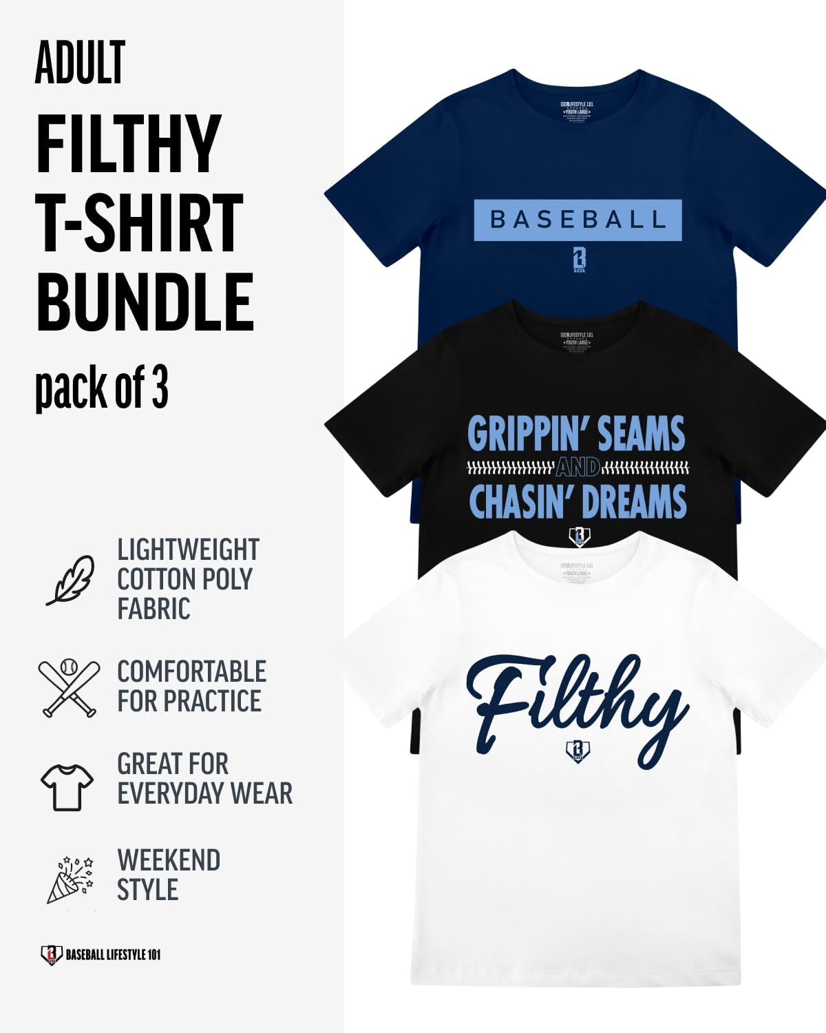 Baseball Lifestyle 101 Filthy T-Shirt Bundle for Men Adult Sizes S-3XL