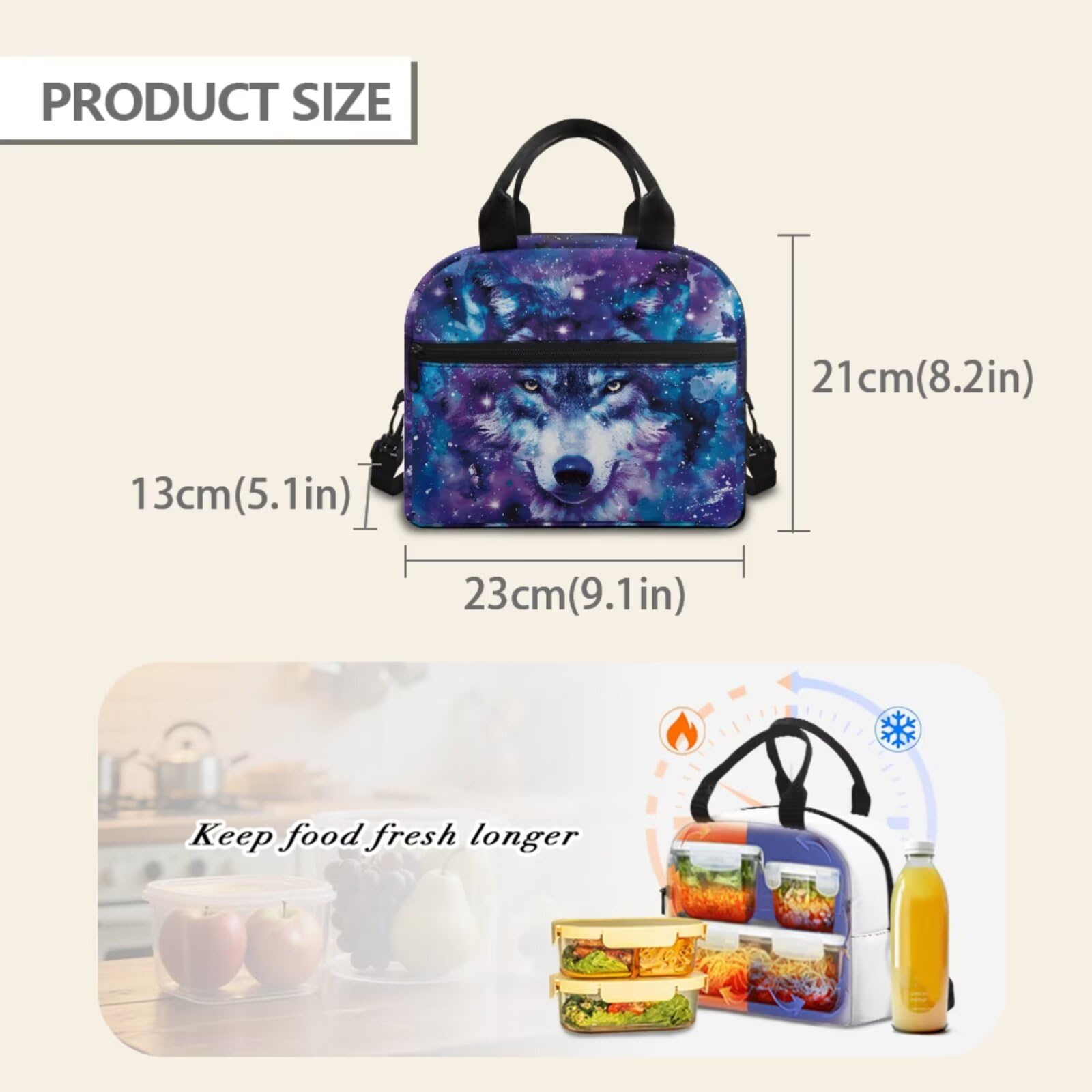 Kinder-Rucksack-Set, 5-teilig, mit Lunchtasche, Federmäppchen und 2-teiligem Lesezeichen für Grundschulkinder, Galaxy Wolf, Modern