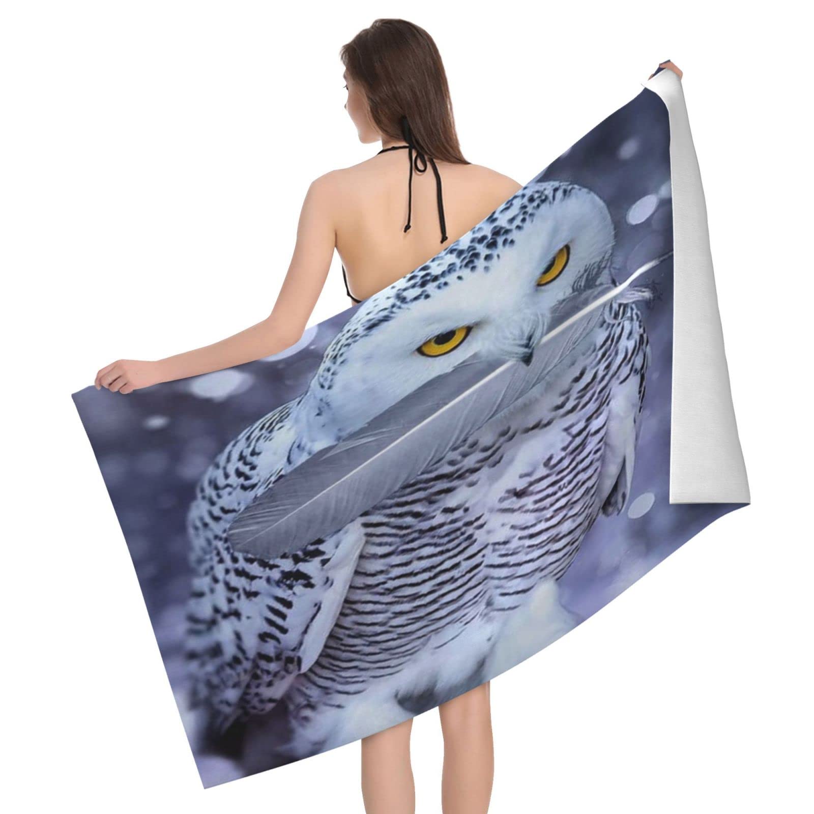 Lawenp White Snowy Owl Beach Towel, Lightweight Sand Free Quick Dry Microfiber Absorbent Bath Towel for Kids, Adults, Swimming, Bath, Yoga, Pool, Travel, Camping 32"X52"