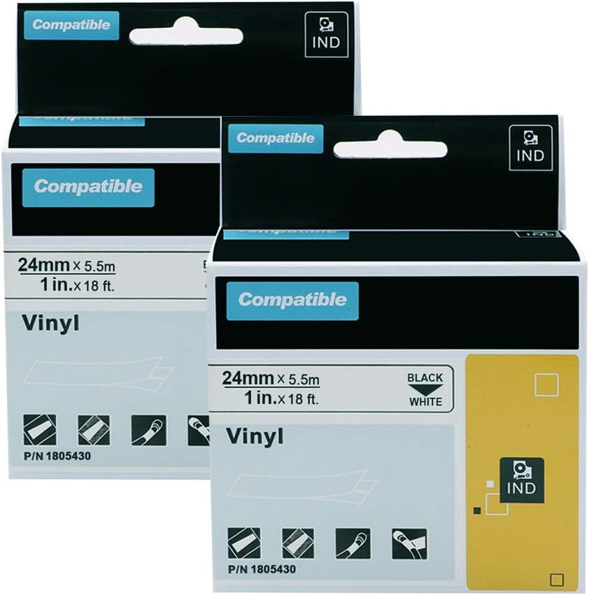Compatible Industrial Label Tape Replacement for DYMO 1805430 1" Permanent Vinyl Label Tape for Use with DYMO Rhino 6000 6500 Industrial Label Maker, Black on White，2-Pack
