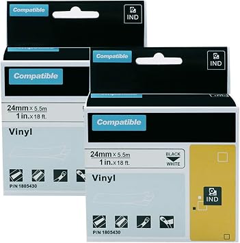 Compatible Industrial Label Tape Replacement for DYMO 1805430 1" Permanent Vinyl Label Tape for Use with DYMO Rhino 6000 6500 Industrial Label Maker, Black on White,2-Pack
