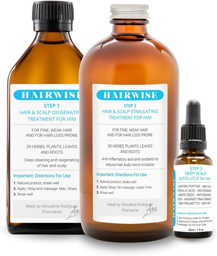 100% Medicinal Plants Based Hair Regrowth Treatment for Him - Step 1 Detox, Step 2 Hair And Scalp Stimulating, 3 Deep Scalp & Follicle Treatment | HairWise only Hand Made Products.