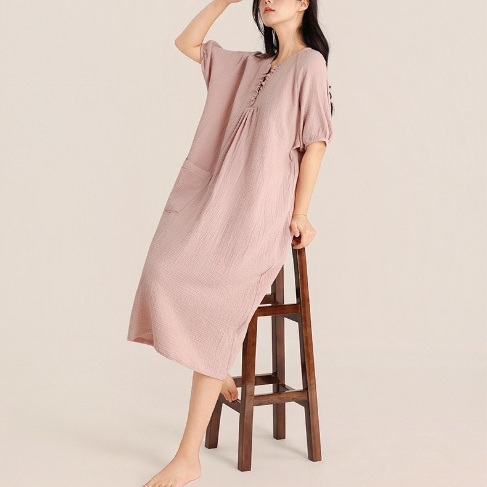 Vestito Estivo Casual Da Donna Boho A Manica Larga Con Volant Scollo A V E Tasche Adatto Per Spiaggia E Vacanza