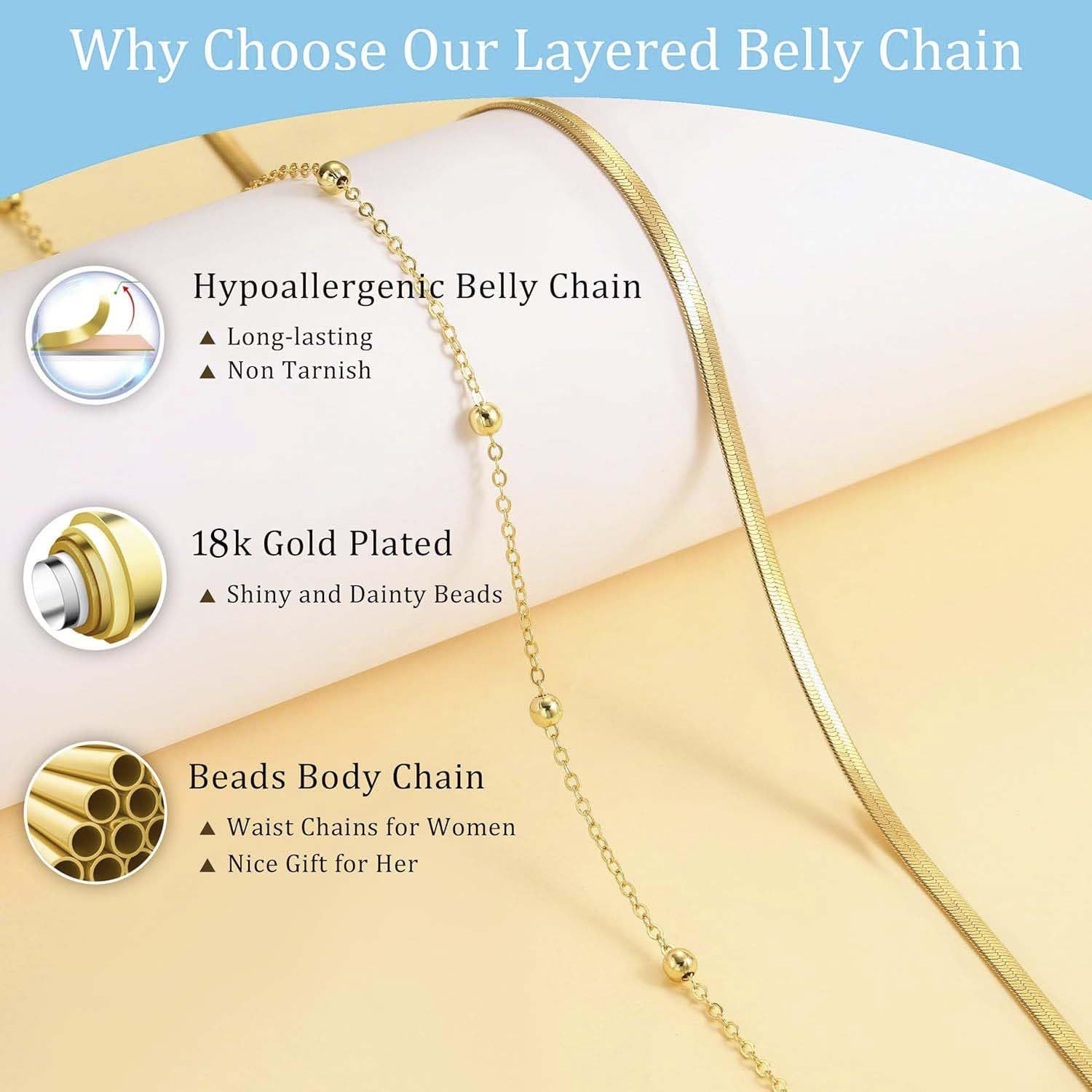 VAMA FASHIONS 18K Gold Plated Belly Chain Combo for Women Girls Anti Tarnish Adjustable Waist Hip Belt Beads Herringbone Saree Kamarbandh Beach Body Chain Jewelry (18K Gold Kamarbandh) 4