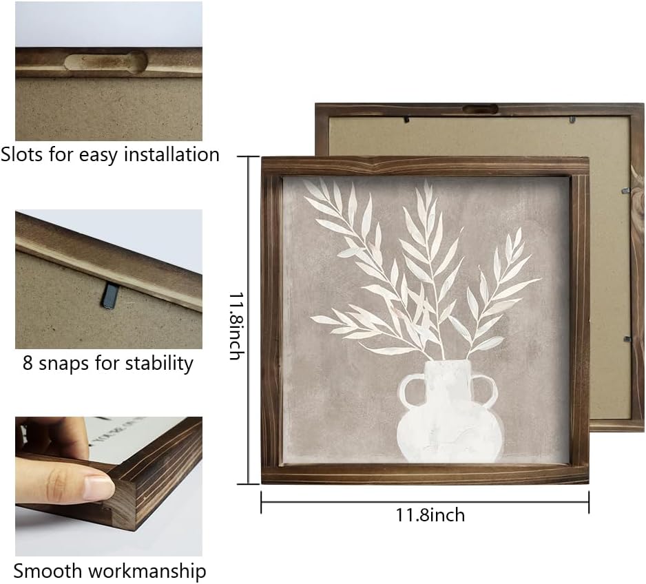 Pinetree Art Framed Boho Botanical Wall Art Set of 4, Plant Floral Wood Prints, Rustic Farmhouse Vintage Decor for Kitchen Living Room