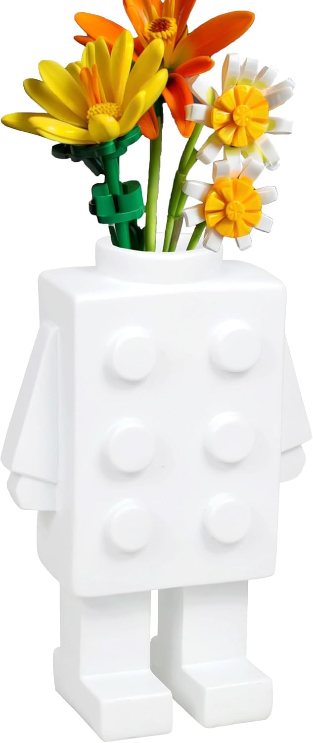 Building Block Vase for Flower Decor Cute Bouquet Decoration Cool Resin Building Gift (White)