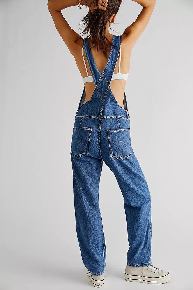 Salopette Donna Jeans in Denim Oversize, Pantaloni Lunghi con Spalline Regolabili e Tasche, Tinta Unita, Stile Casual per Tempo Libero e Lavoro