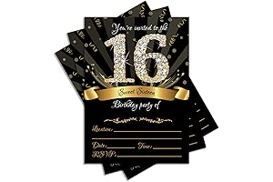 25 Sweet 16 Black Double-sided 5x7 Personalized Invitations Kit w/ Gold Pen and Envelopes