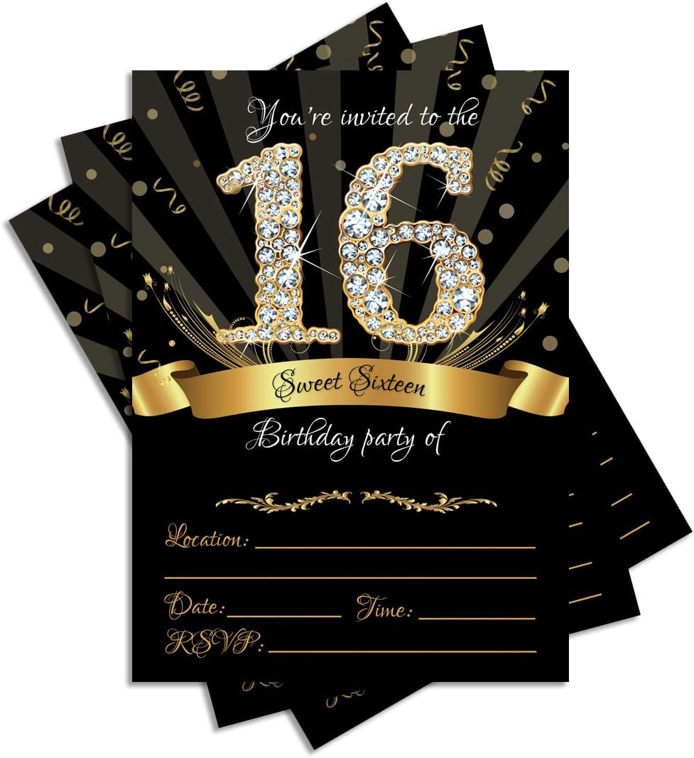 25 Sweet Sixteen Black Double-sided 5x7 Party Invitations Kit with Gold Metallic Pen and Envelopes