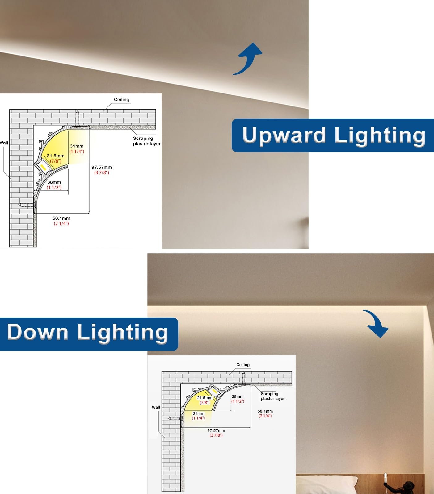 Upward Down Lighting Crown Molding White, Aluminum Cornice Moulding Trim with PC Diffuser Cover, Home Decor Ceiling Edge LED Channel Holder(1 m/3.3 ft)