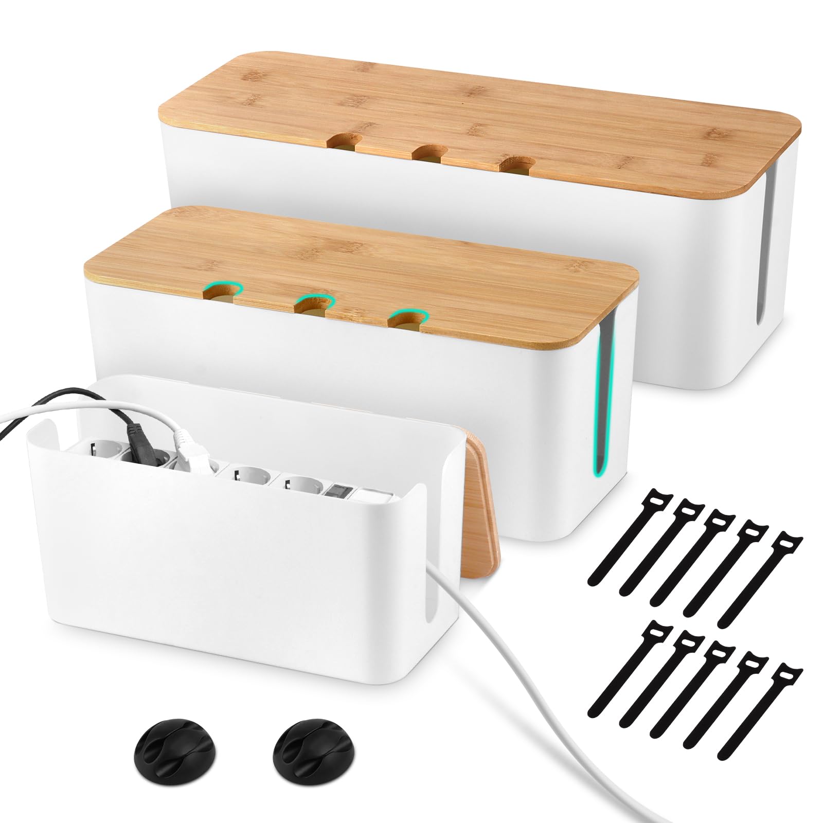 Set de 3 Caja Organizadora de Cables, Caja de Gestión de Cables con Tapa de Bambú, Cajas Guarda Cables, Ocultar Organizador Cables para Regletas TV Escritorio