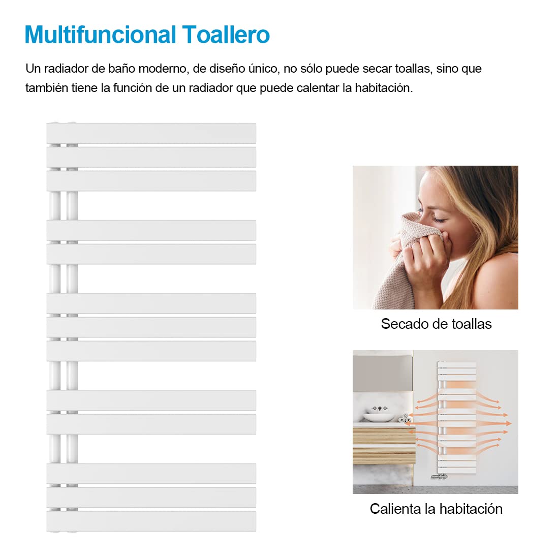 Heilmetz Radiador toallero de Tubo Plano 400 x 1176mm, radiador toallero electrico baño Caliente de una Cara, conexión Lateral para toallero de Agua Caliente,Blanco