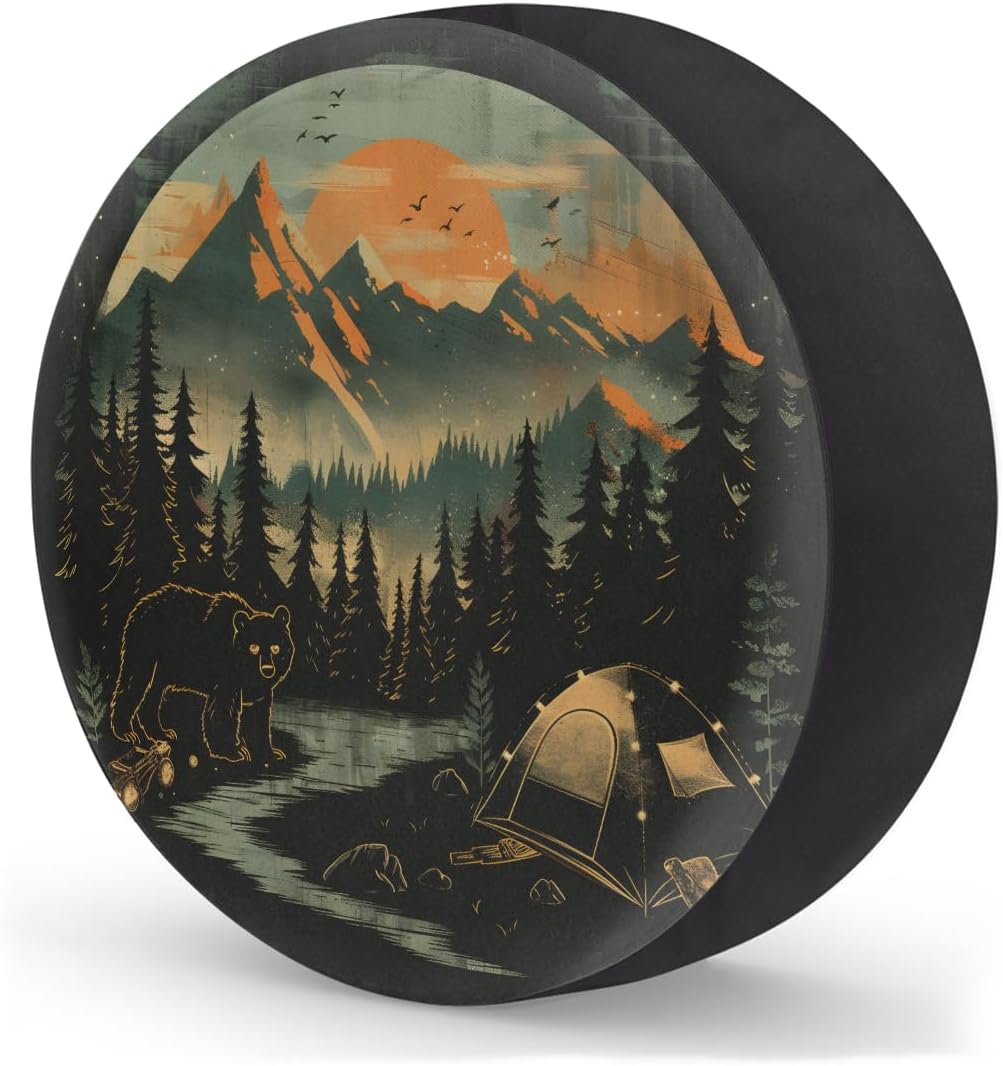 Forest Mountain Bear Animal Spare Tire Cover Waterproof Dust-Proof Spare Wheel Covers Wheel Tire Storage Cover Universal Fit for Camper RV SUV Truck Travel Trailers Accessories 14" 15" 16" 17" image 2