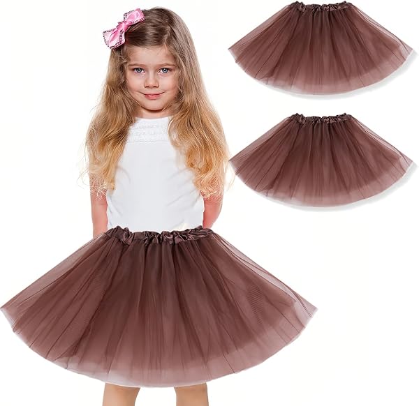 2 pcs gonne Totem in Tulle Corto Elasticizzato per Bambine, Tutù gonna in tulle, Tutu da Bambina in Tulle Feste Danza Gonna da Festa, per feste di compleanno (marrone chiaro, 3 Strati) - 1