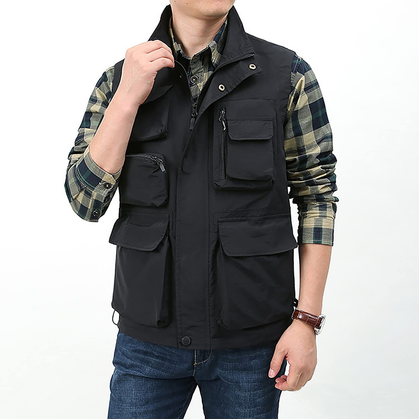 BOOMLEMON Chaleco de trabajo casual para hombre, estilo casual, para actividades al aire libre, safari, pesca, tiro, chaqueta cargo ligera con múltiples bolsillos