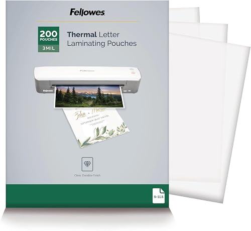 Fellowes Thermal Laminating Pouches, 3mil Letter Size Sheets, 9 x 11.5, 200 Pack, Clear (5743401)