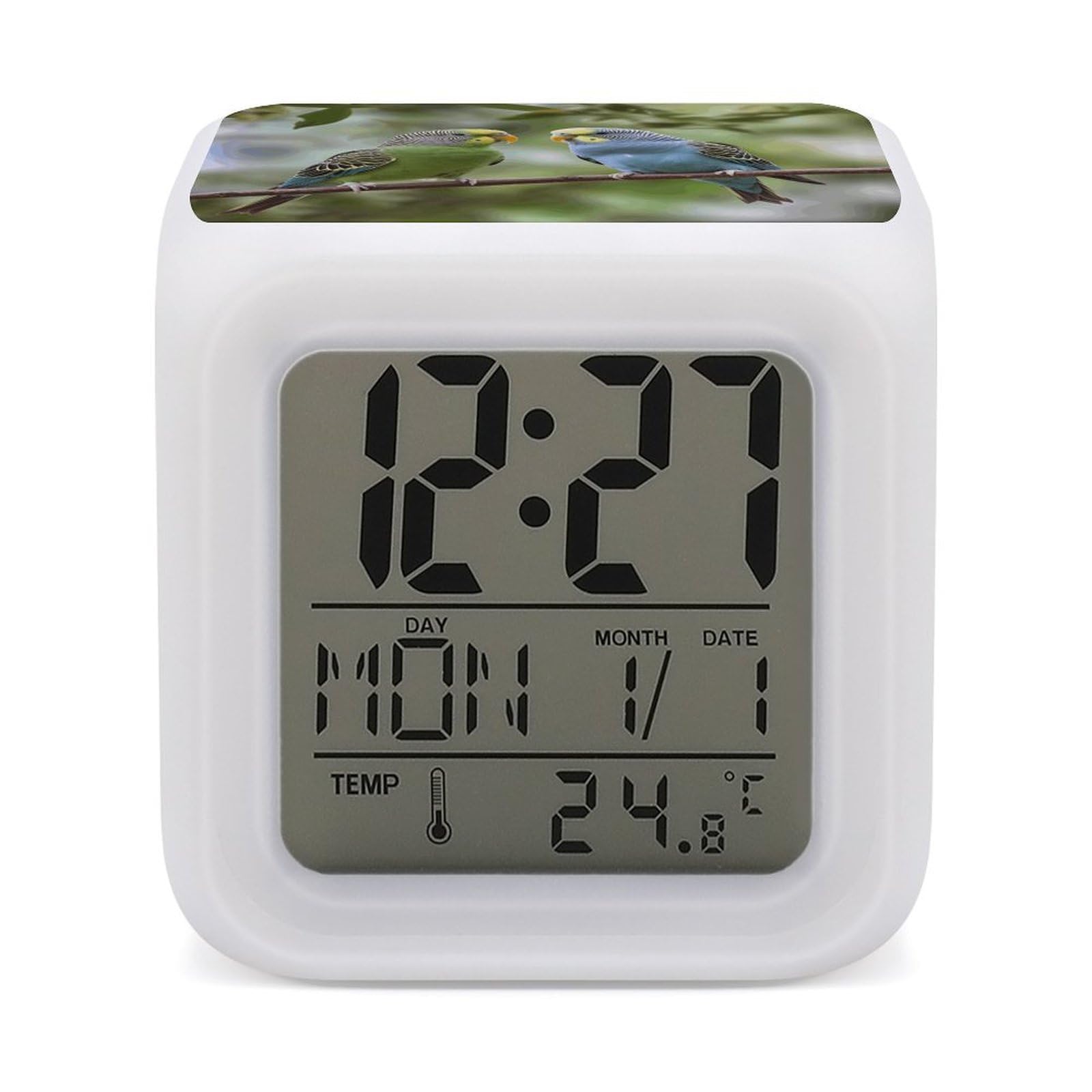 7 Color Ambient Night Light Cube Battery Operated Blue And Green Parakeets Digital Clock with Snooze Temperature LED Digital Alarm Clocks Dimmable Wake Up Light Portable Mood Lamp for Bedroom Desk Gif