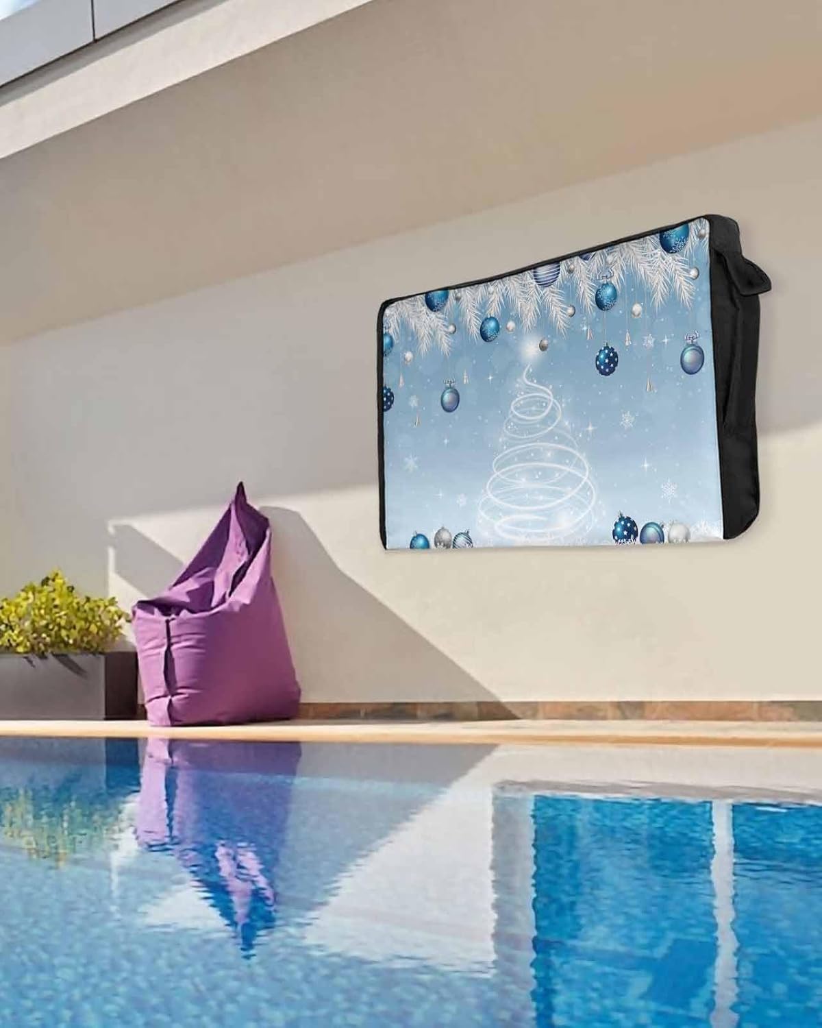 Christmas Snowflake Blue Outdoor TV Cover 60"-65" - 600D Waterproof TV Cover Weatherproof TV Screen Protector Dustproof Winter Bells Balls Xmas Tree Branch TV Display Protector for Flat Screen TV