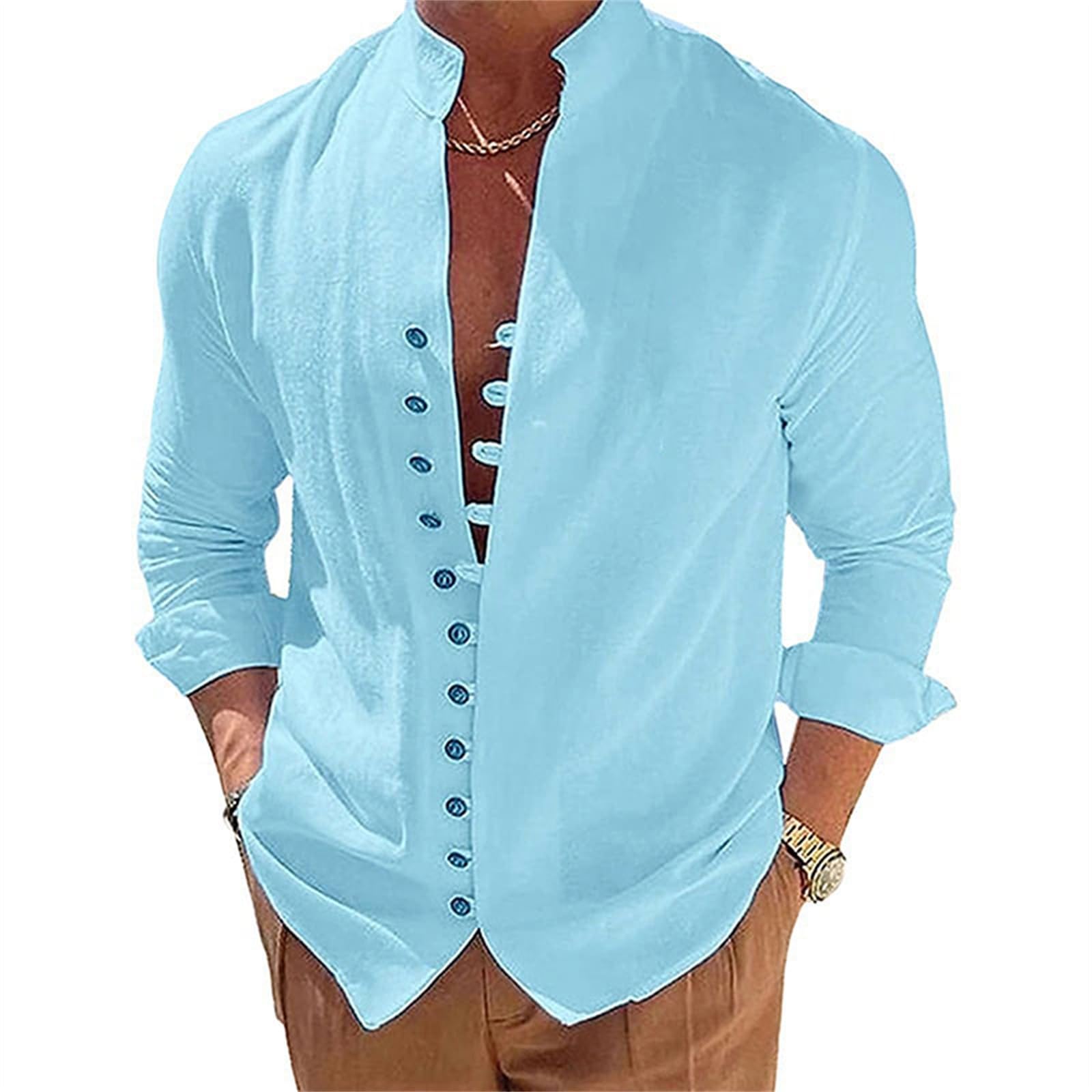 Puimentiua Leinenhemd Herren Langarm Leichtes Sommerhemd Strand Henley Shirt mit Stehkragen