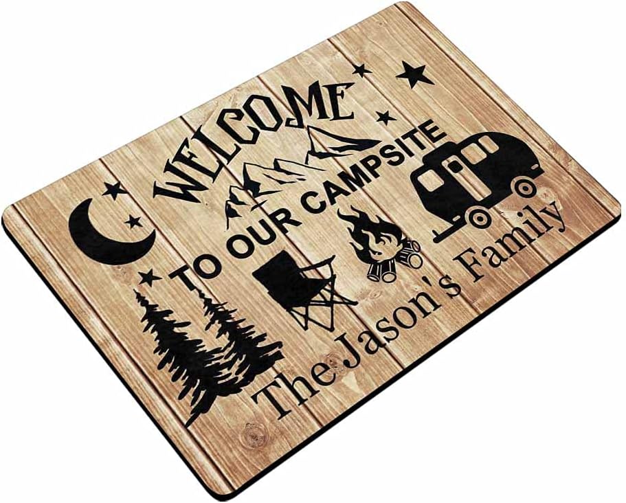 Custom Camping Mat Personalized Camper Doormat Welcome to Our Campsite, Mountain Tree Camper Fire Brown Wood Door Mat Rug Welcome Indoor Outdoor Decor Entrance Mat Non Slip Floor Mat Rug for 24"x16"