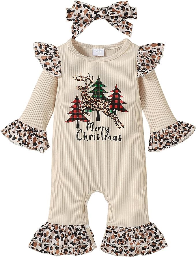Fernvia Newborn Baby Girl Christmas Outfits Infant Christmas Romper Cute Ruffle Jumpsuit Bodysuit Kids One-Piece Clothes Fall