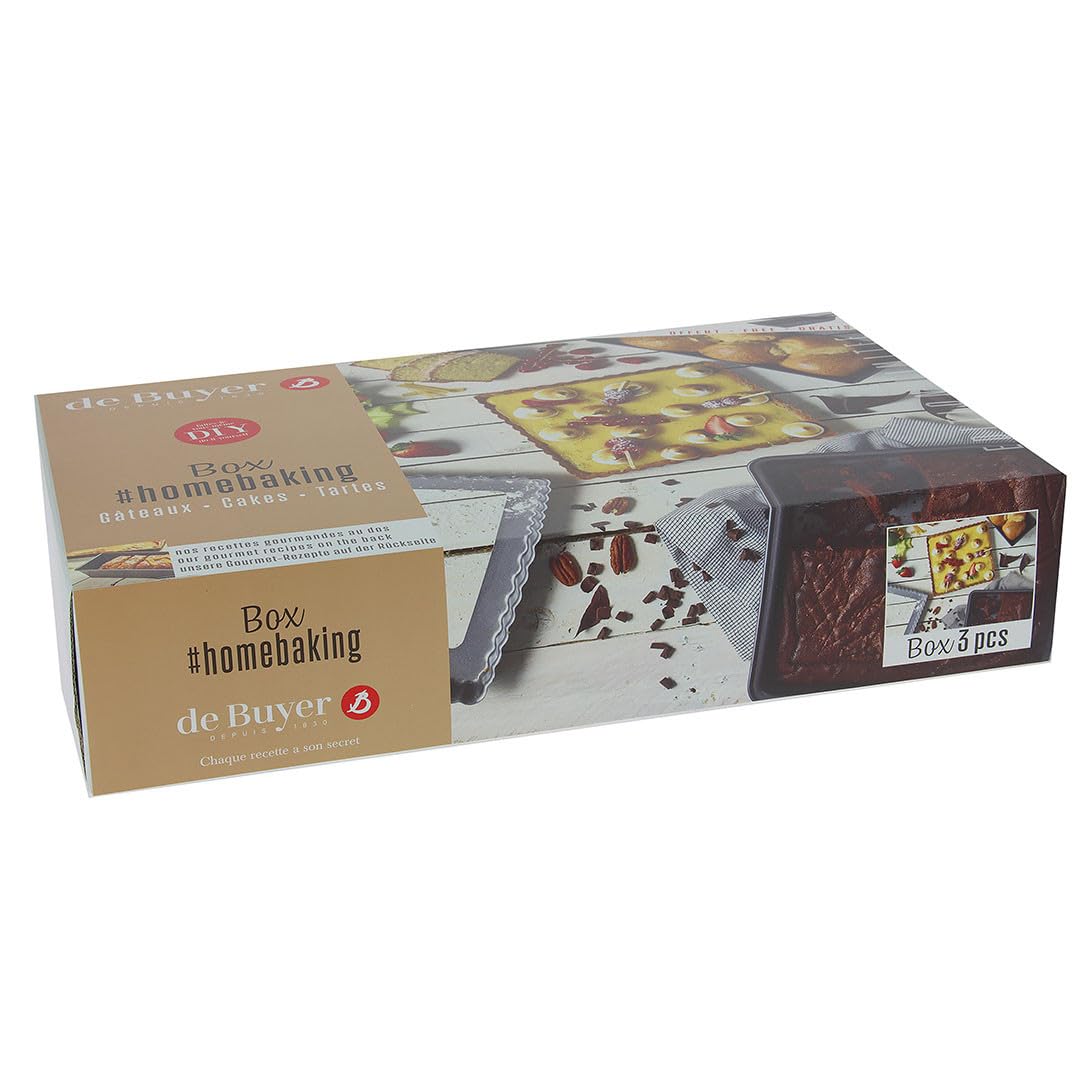 De Buyer - Box #HOMEBAKING : moule à tarte carré, moule à cake plié et moule à gâteau carré - 3 pièces -