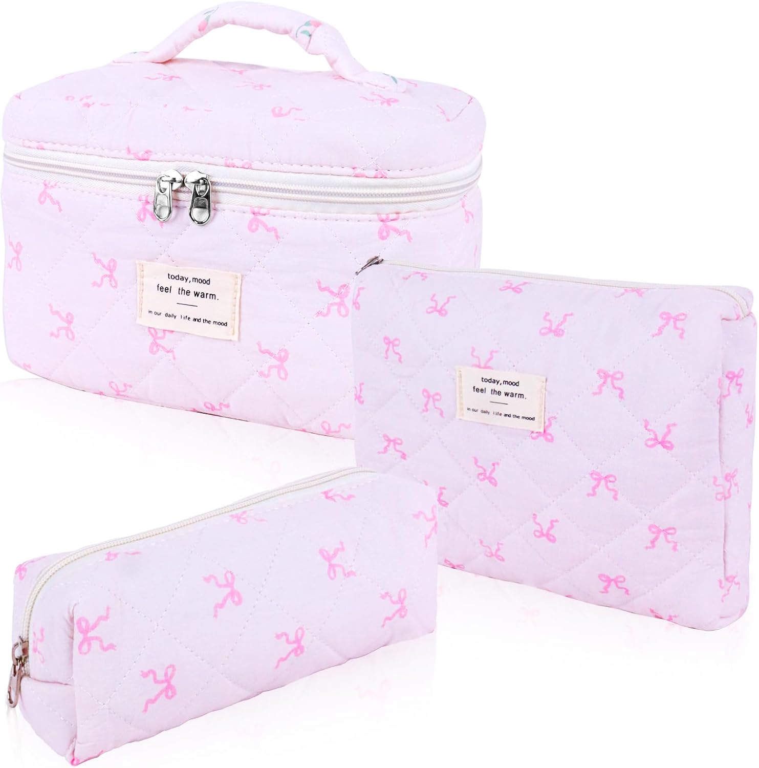 3Pcs Cotton Quilted Makeup Bag Set,Large Floral Cosmetic Bag,Aesthetic Toiletry Travel Makeup Bag Set and Cute Flower Bag for Women Girls (Pink Bow)