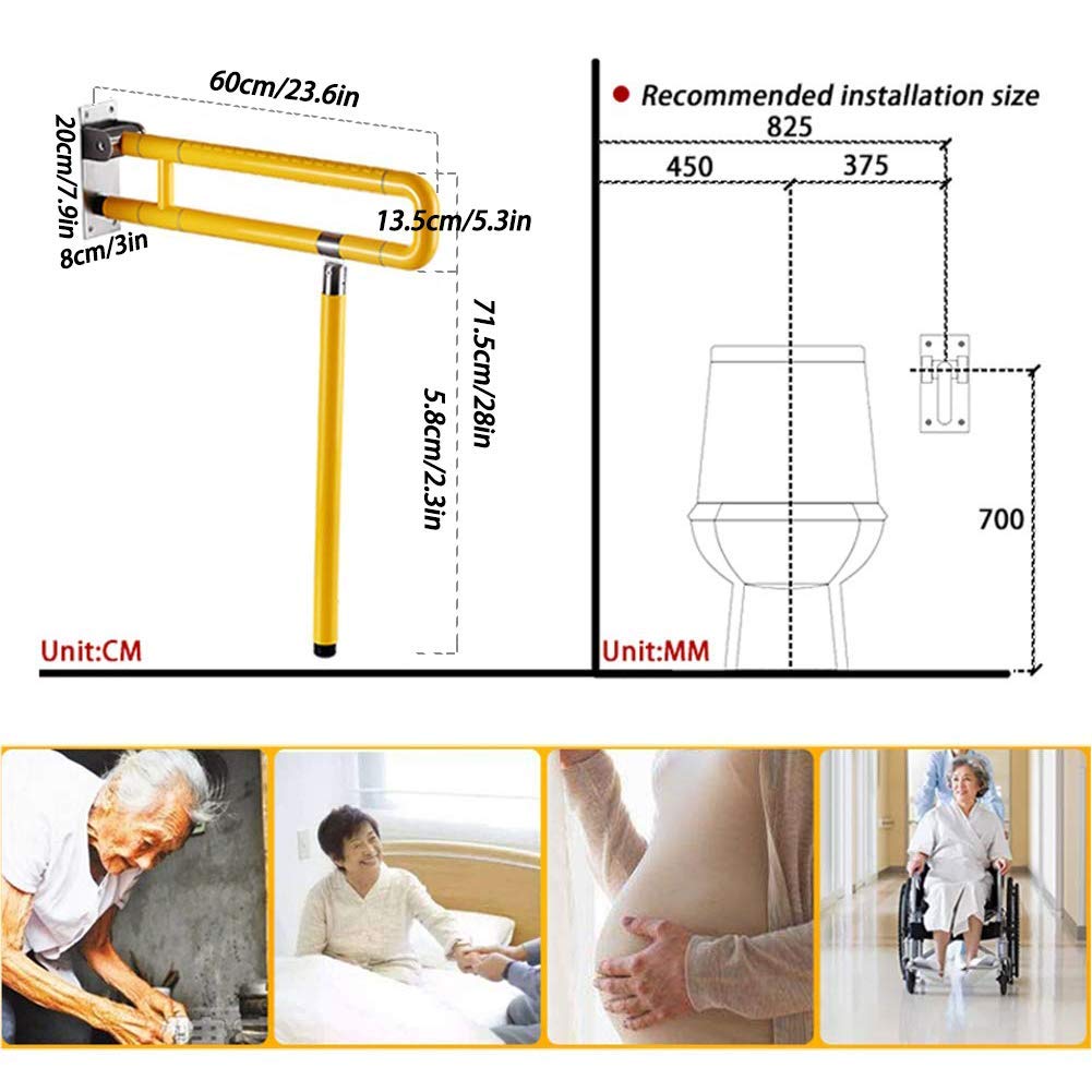 handrail Grab Rails,Foldable Bathroom Safety Grab Bar Rail Skid Resistance Toilet Handrail, Disabled Toilet Safety Armrest Grab Rail, Bathroom Handrails for The Old Man Handicapped with Leg/Yellow/60