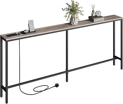 MAHANCRIS Console Table with Power Outlet, 200 cm Narrow Sofa Table, Industrial Entryway Table with USB Ports, Behind Couch for Entryway, Hallway, Living Room, Greige and Black ACTHG20KE01