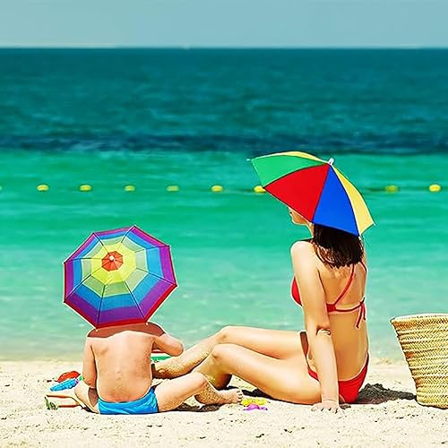 Miniatura 8 de Sombrero de paraguas para adultos y niños, protección contra la lluvia y el sol manos libres, diseño colorido de arco iris para pesca, senderismo,