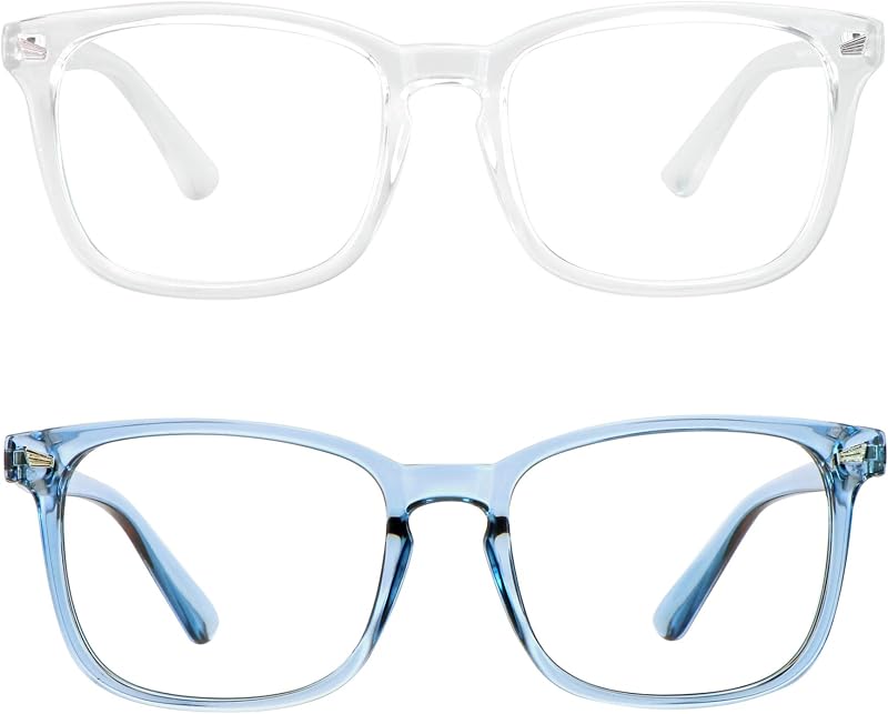 LifeArt 2 Pairs Blue Light Blocking Glasses with Spring Hinge, Computer Glasses, Gaming Glasses, TV Glasses for Women Men (Clear&Blue, No Magnification)