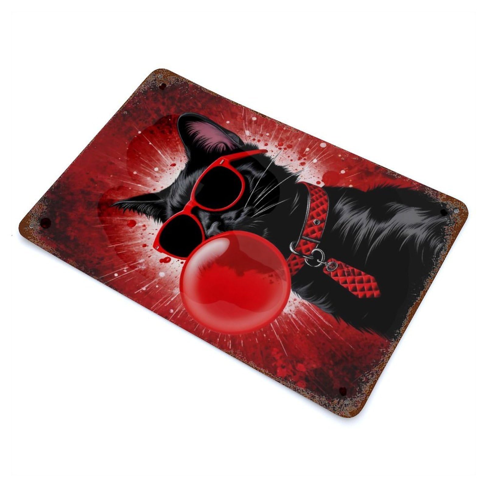 Distressed Metal Wall Sign with Black Cat with Sunglasses Design 11.8"x7.9", for Living Room, Hallway And Home Decor, Vintage Wall Decor