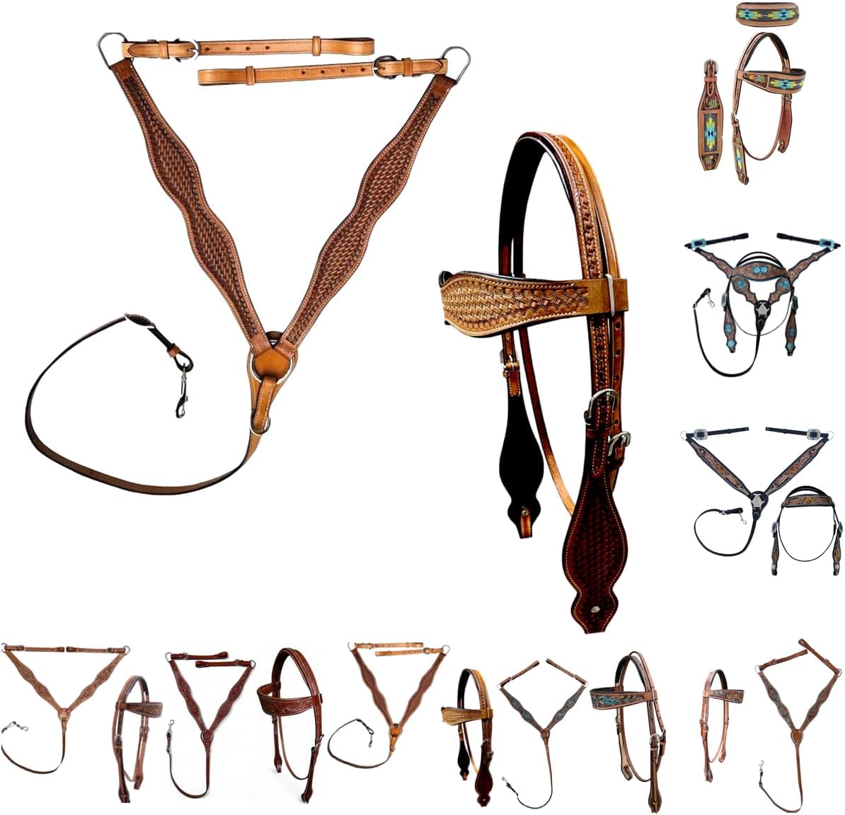 Majestic Ally Tooled Leather Western Headstall & Breast Collar Set – Handcrafted Leather, Classic Western Tack, Multiple Styles & Designs
