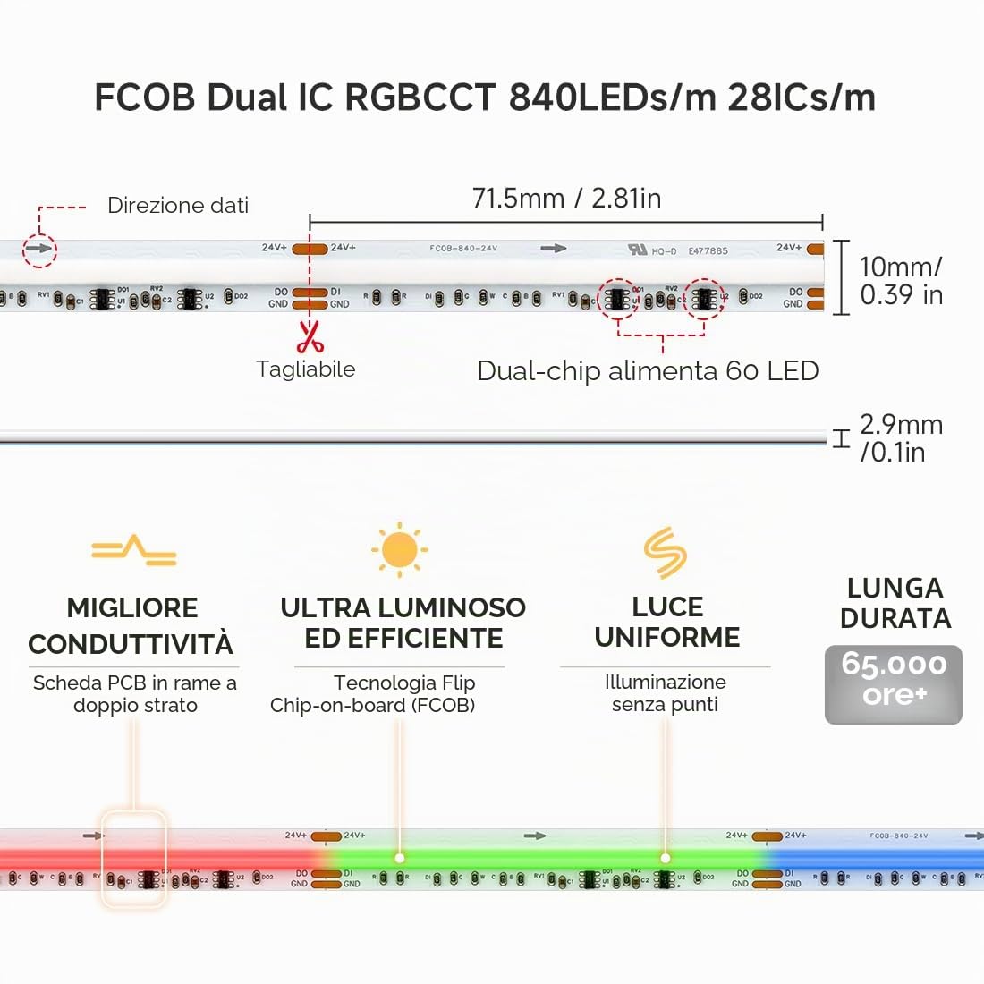 BTF-LIGHTING FCOB COB SPI RGBCCT Addressabile Striscia LED Doppio IC RGB+CCT Dream Colour Bianco Regolabile 3000K-6000K Alta Densità 5M 840LEDs/m 24V IP66 PCB Bianco per DIY Interni (Solo Striscia)